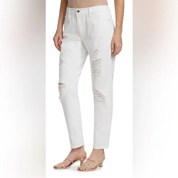 Frame Mid-Rise Distressed Boyfriend White Jeans Size 27 (4) NWT - Picture 4 of 12